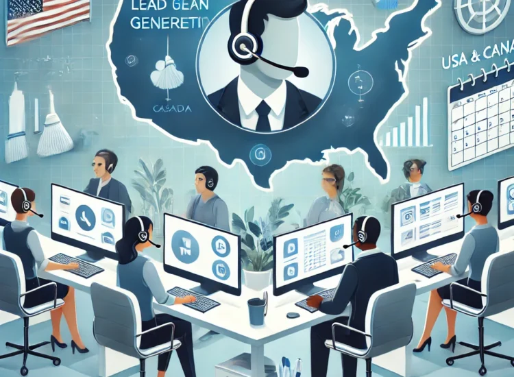 DALL·E 2025-01-24 22.08.45 - A professional illustration representing telemarketing for janitorial services in the USA and Canada. The image features a modern call center setup wi