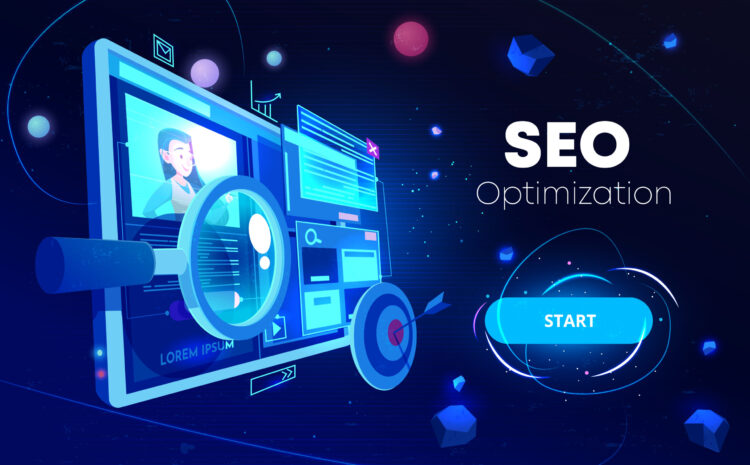 Seo optimization banner, marketing business technology, monitor with data analysis platform on screen, website research, neon glowing futuristic background. Cartoon vector illustration, landing page